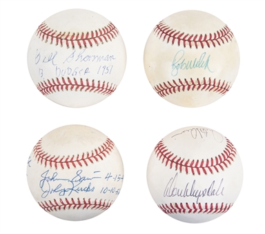 Lot of (4) Brooklyn/Los Angeles Dodgers Signed & Multi-Signed Baseballs, Including Sharman, Welch, Drysdale/Valenzuela/Hershiser & First/Last Pitch to Jackie Robinson (Beckett PreCert)